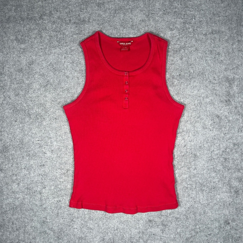 Guess Jeans Tank Top Women L/XL Red Henley Ribbed Y2K Made in USA Cotton